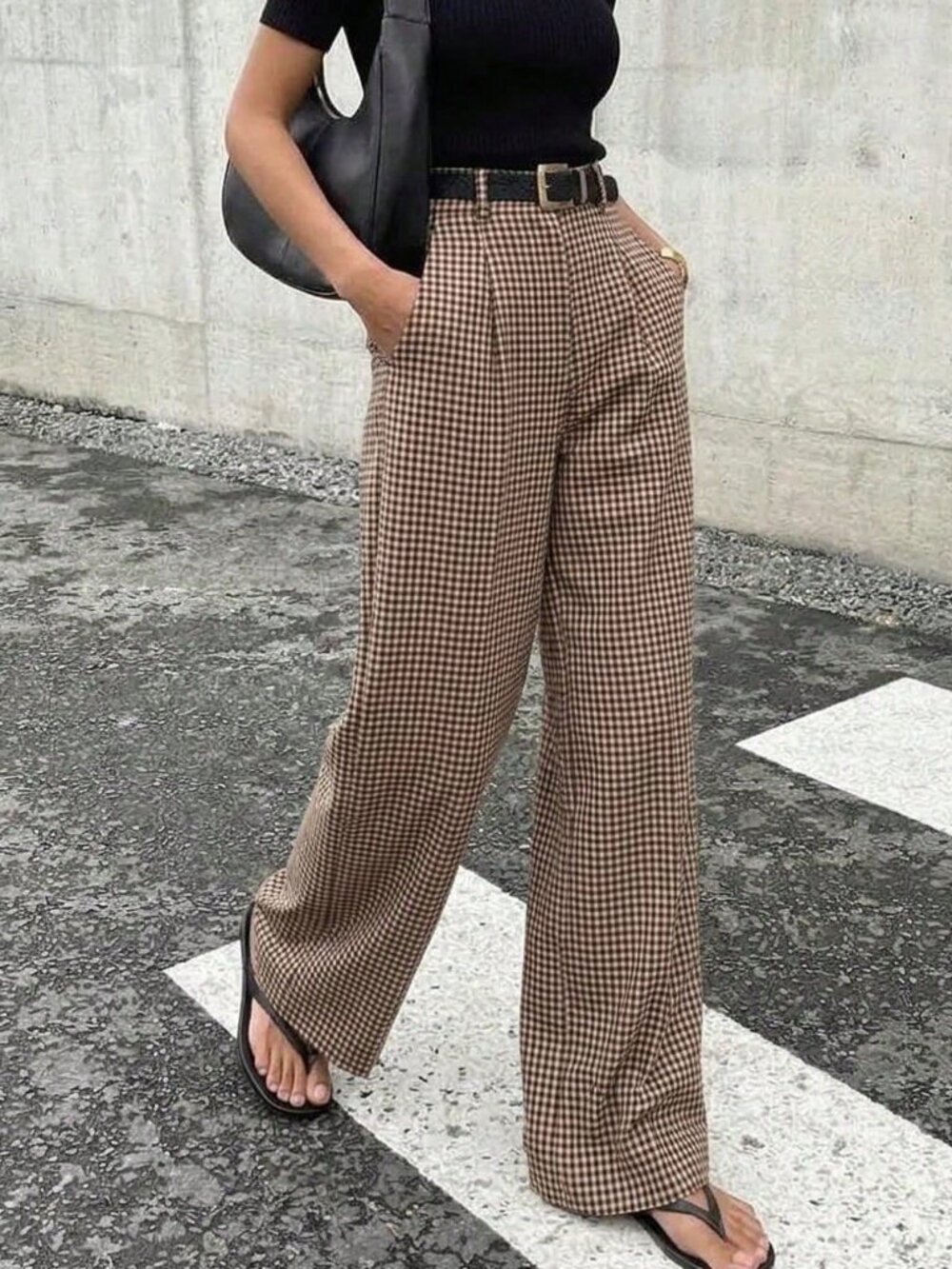 Multicolor Casual Women's Plaid High Waist Straight Leg Pants - Picture 3 of 8